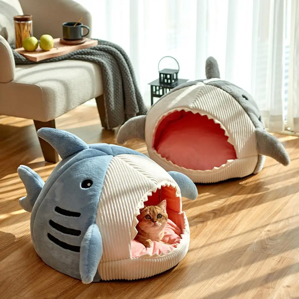 

Cute Shark Pet Sleeping Bed Hideout House Warm Soft Comfortable Semi-closed Cat Dog Nest Pet Products