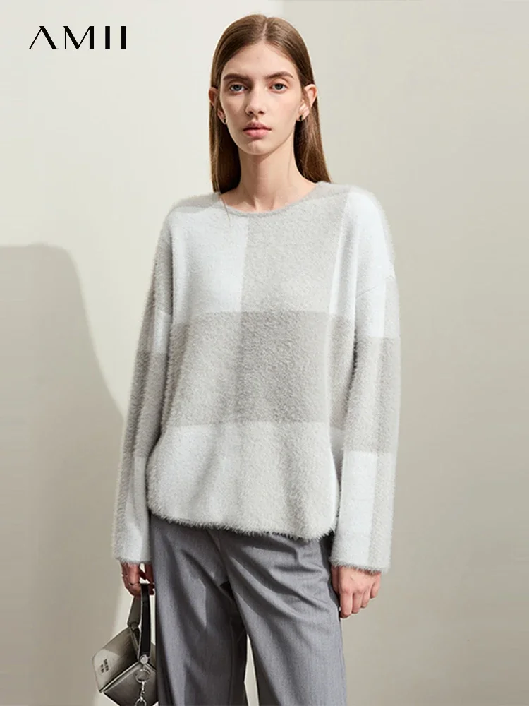 

AMII Minimalist 2023 Winter Warm Soft Women's Chunky Sweaters Crew Neck Contrast Stitch Plaid Fuzz Loose Cozy Pullovers 12344339