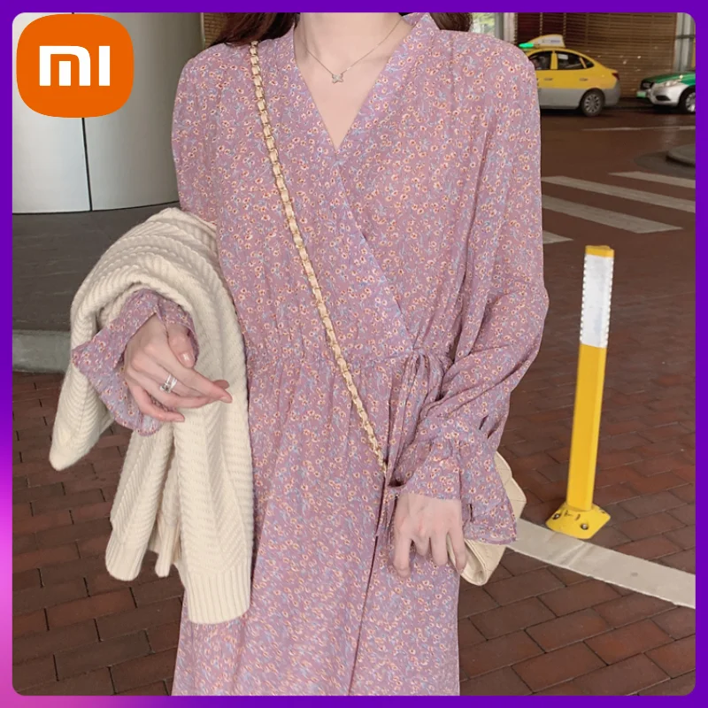 

Женское винтажное вечернее платье миди XIAOMI, милое корейское платье с цветочным принтом и фиолетовым принтом, слитное платье в французском р...