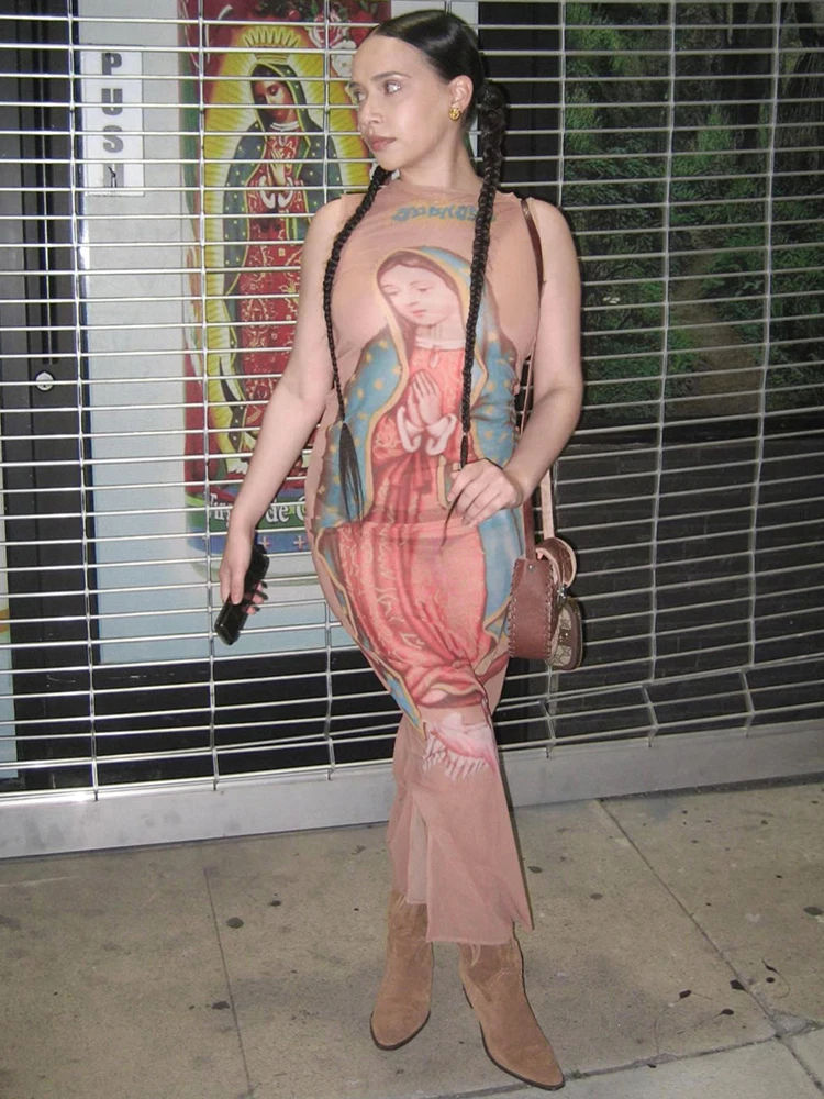 

Sisterlinda Fashion Sexy Mesh Maxi Dress Women Gradient Print Sleeveless O-Neck Bodycon Robe Female Party Clubwear Vestidos 2023