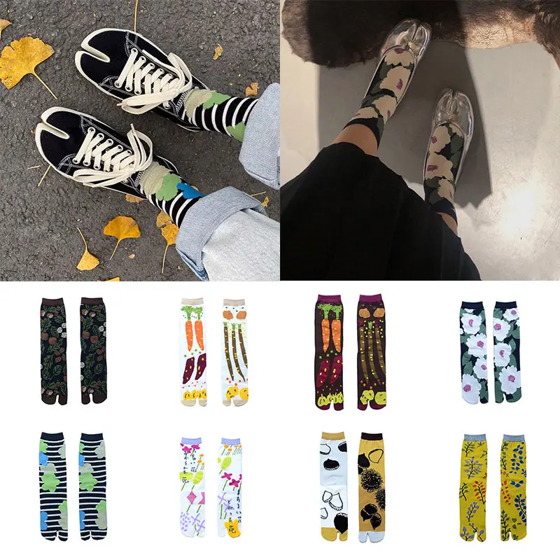 

Разноцветные женские носки из чесаного хлопка с мультяшным рисунком, носки с двумя пальцами, японские жаккардовые носки с разрезом, милые носки-тюбики средней длины с цветочным рисунком