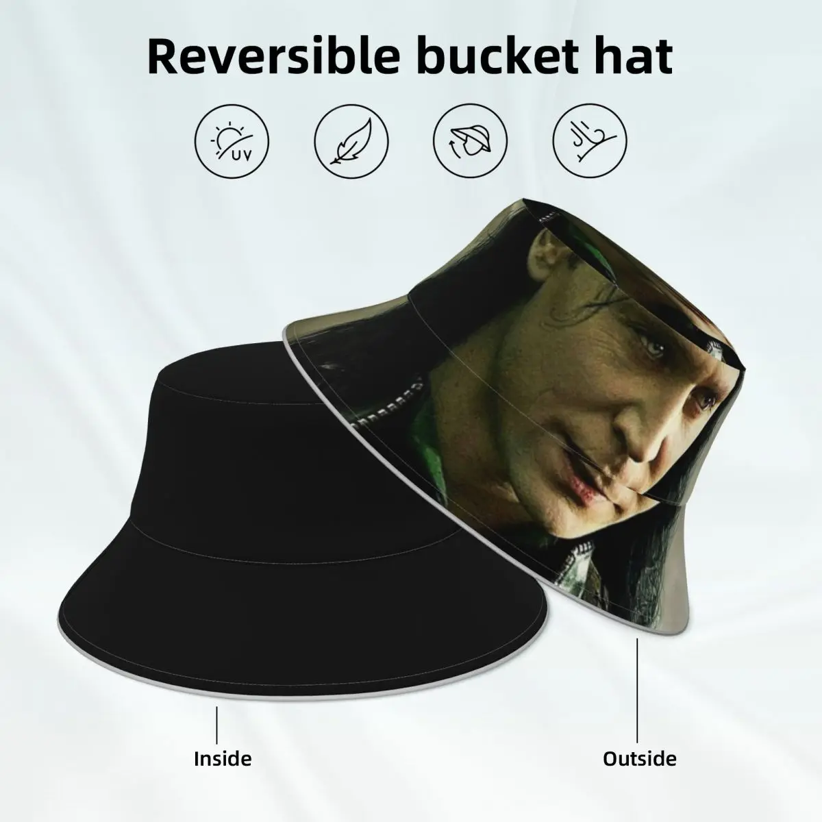 

Tom Hiddleston Reflective Bucket Hat Movie Figure Double-sided Wear Hawaii Fisherman Hats Fun Man Woman Sun Hat