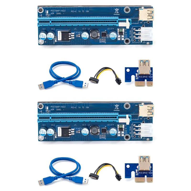 

2 шт. кабель адаптера видеокарты, Удлинительный кабель 009S PCI-E Райзер-карта VER009 PCIE 1X до 16X 6Pin удлинитель питания USB 3,0