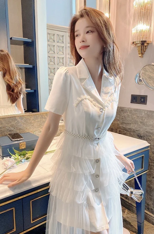 

2023 spring and summer women's clothing fashion new Beaded Suit Stitching Mesh Dress 0504