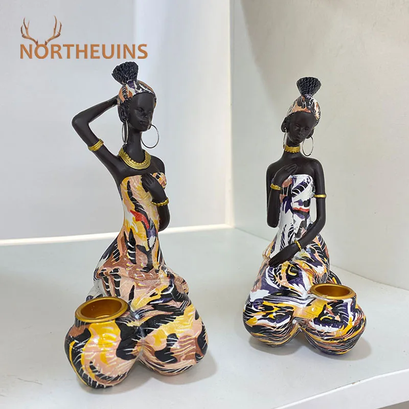 

NORTHEUINS Resin Black Woman Candlestick African Exotic Statues Art Lady Figurines for Interior Decor Desktop Accessories Object