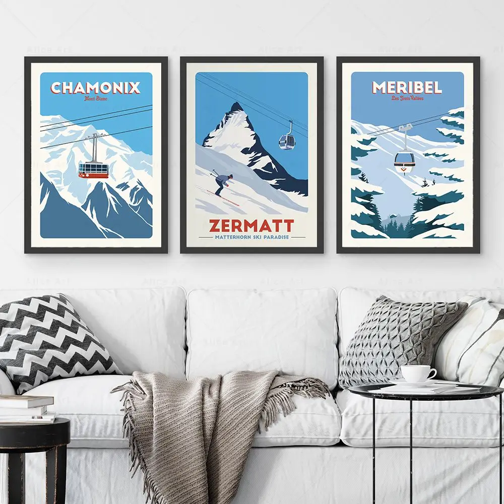 Плакаты для путешествий на лыжах World Ski Resort Chamonix Zermatt Meribel холст картина настенная