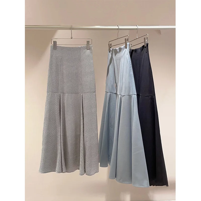 

Japanese Elegant High-waisted Flare Skirt Women Solid Color Plaid Faldas Mujer Moda 2023 Spring Elastic Long Sweet Jupe