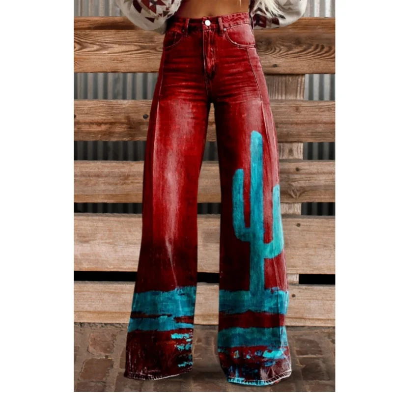 Женские популярные джинсы с рисунком в стиле ретро удобные 3D принтом для