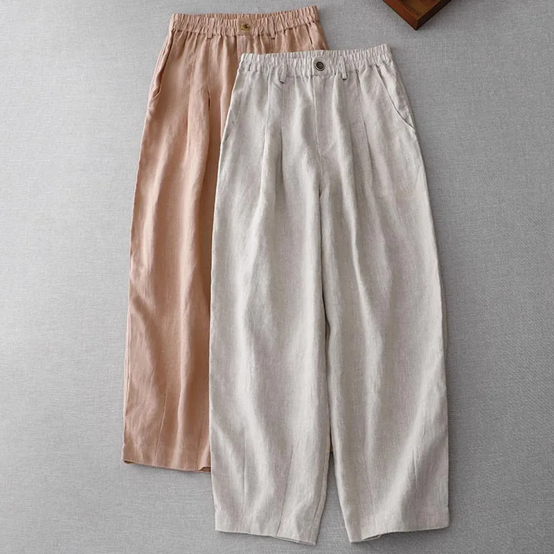 

Casual Pink Linen Loose Pants Women Summer Office-lady Solid Color Trousers with Pockets New Fashion Baggy Spodnie Damskie 26896