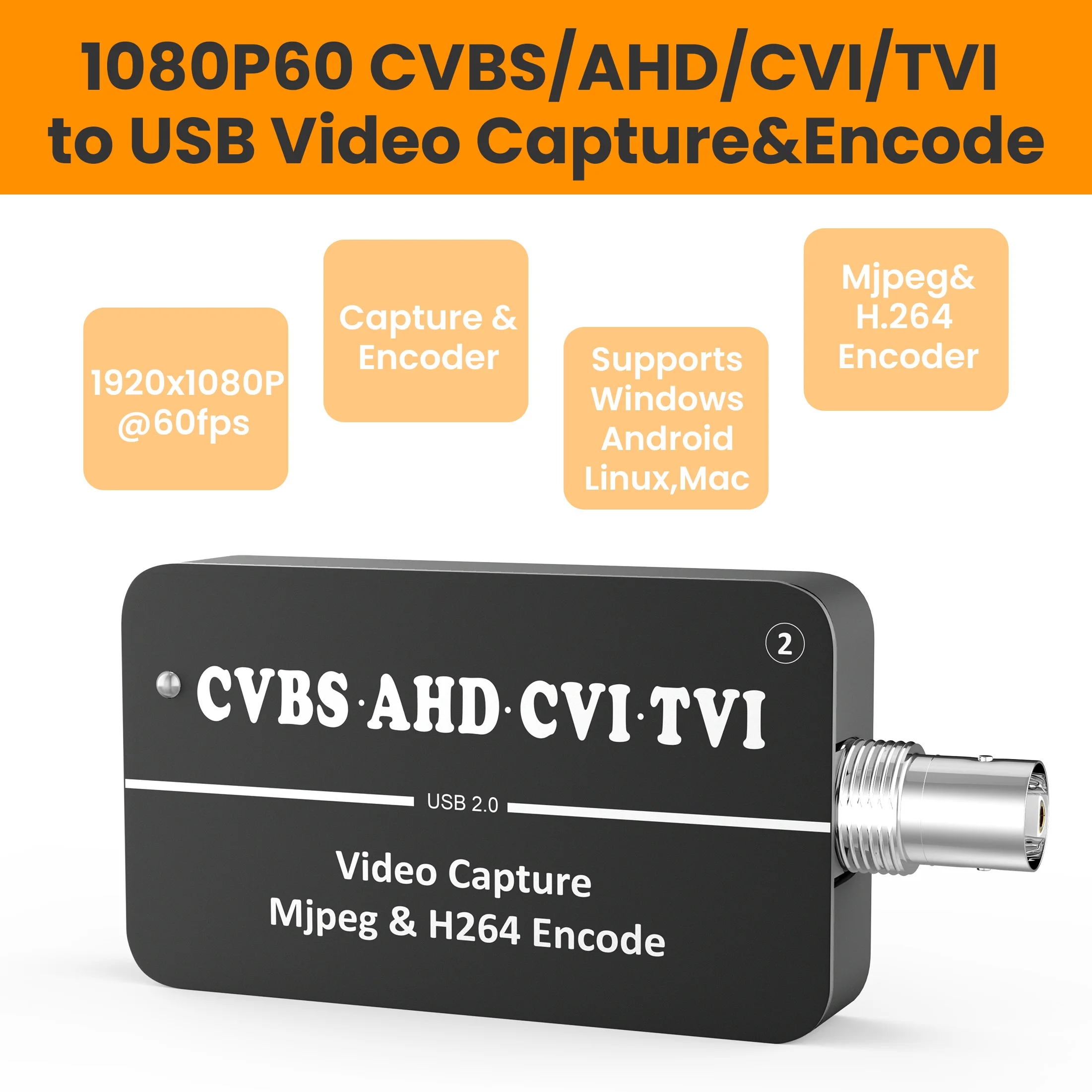 

LCC261 1080P60 CVBS to USB Capture AHD CVI TVI TO USB Capture H264&MJPEG two Streams Encoder for Live streaming,CVBS TO UVC UAC