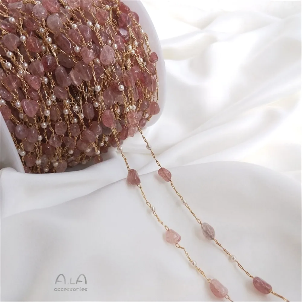 14K Gold Filled Plated Handmade chain Strawberry crystal pull feldspar amethyst rectangular chain DIY bracelet accessories
