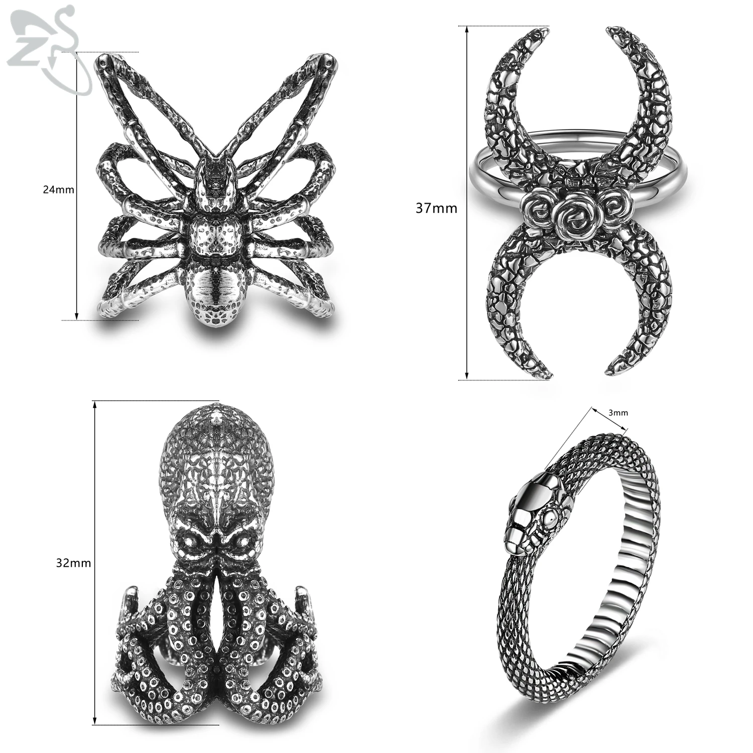 Кольцо ZS из нержавеющей стали в стиле панк-осьминога для мужчин женщин кольца на