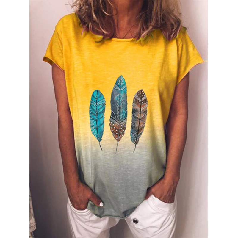 

Fashion New Feathers Gradient 3D Print T-shirt Women Ethnic T Shirts Streetwear Oversized Y2k Hip Hop Tops Tees Woman Clothing