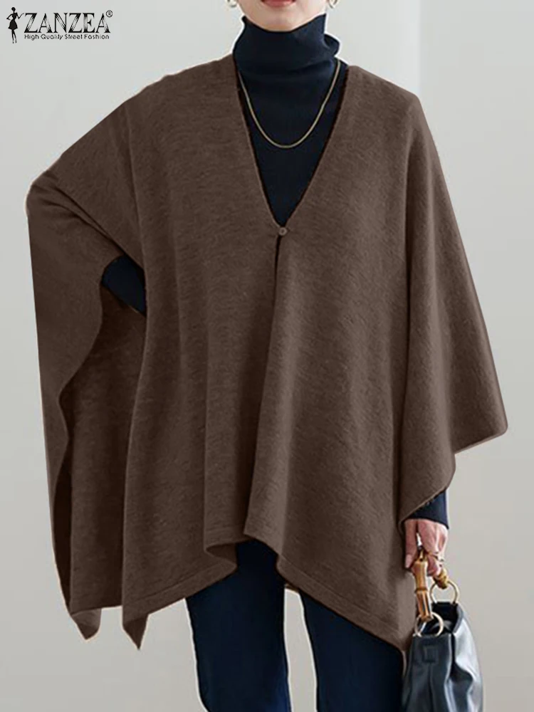 

Oversize Knitted Outerwear ZANZEA Casual Solid Capes Korean Style V Neck Poncho Dolman Sleeve Fashion Elegant Women Autumn Cloak