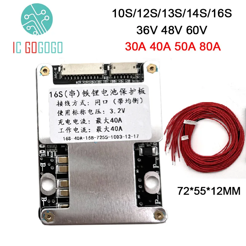 30A 40A 50A 80A 12S 13S 14S 16S 17S 36V 48V 60V Lifepo4 Li-ion Lithium Battery Protection Board Balance BMS 3.7V 3.2V energy