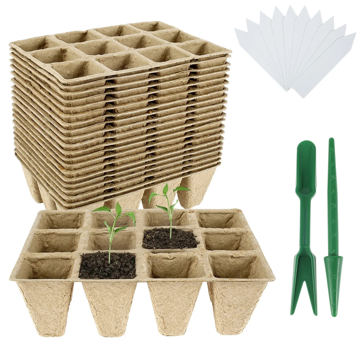 

20 Pack 12 Cells Seedlings Starter Trays Set Square Seedling Tray Plant Starter Kit with 100 Plant Labels Biodegradable Seed