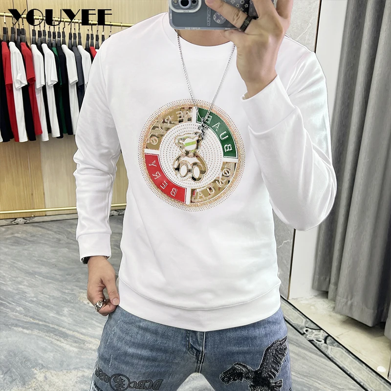 

Youth Men's Sweater Hoodies Trend Bear Rhinestone Design Autumn Winter New Male Pullover High-quality Man Orange Tops Clothing