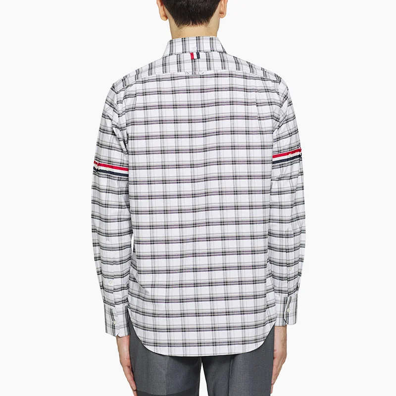 TB THOM Shirt Top Fashion Brand Gray Plaid Ribbon Armband Stripes Slim Fit Casual Men's Clothing Fine Cotton Long Sleeve W