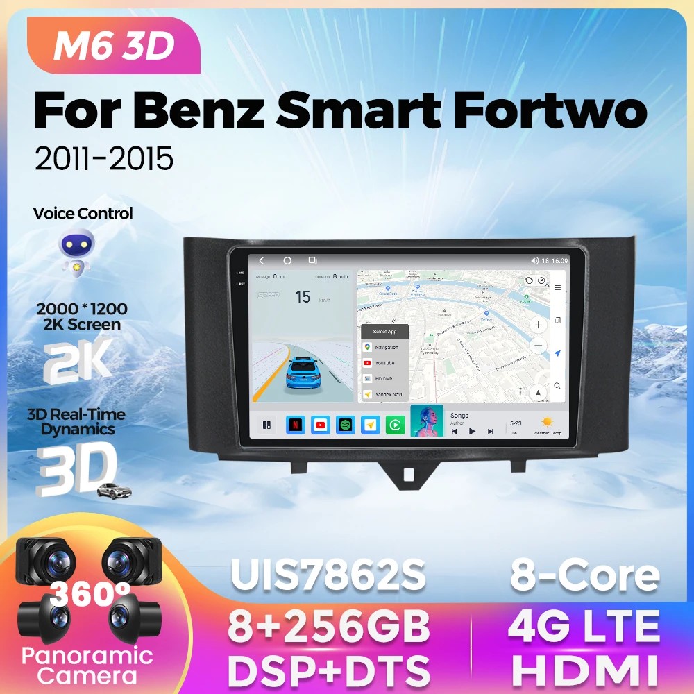 

2K QLED Android Car Radio Video Player For Mercedes Benz Smart fortwo 2011 2012 2013 2014 2015 Wireless Carplay Auto 3D UI 2Din