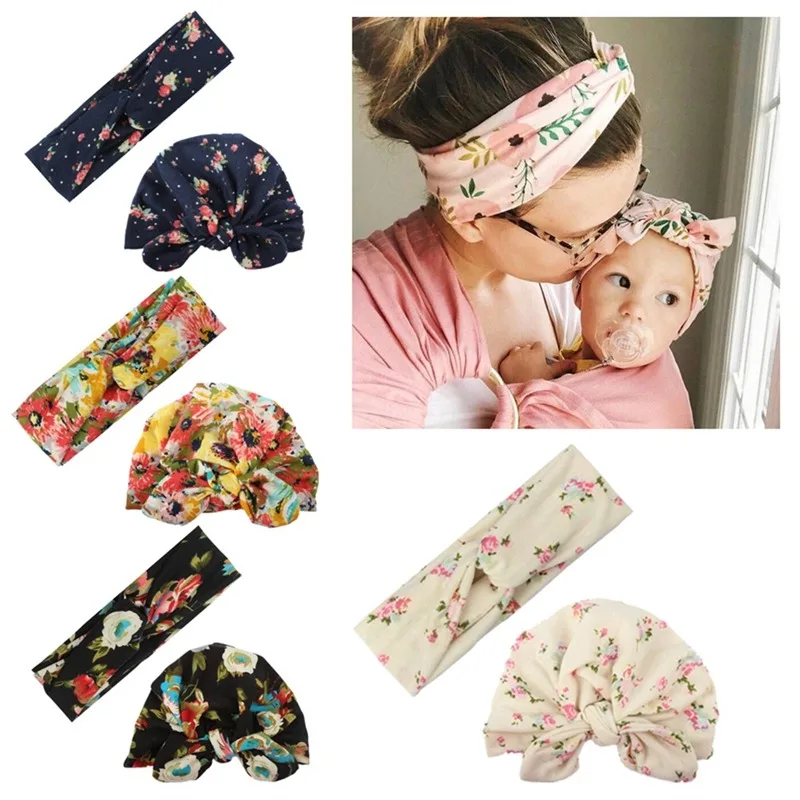

2Pcs/Set Mom Baby Headband Set Flower Printed Rabbit Ear Hair Bands For Women Girl Hair Accessories Parent-Child Hairband