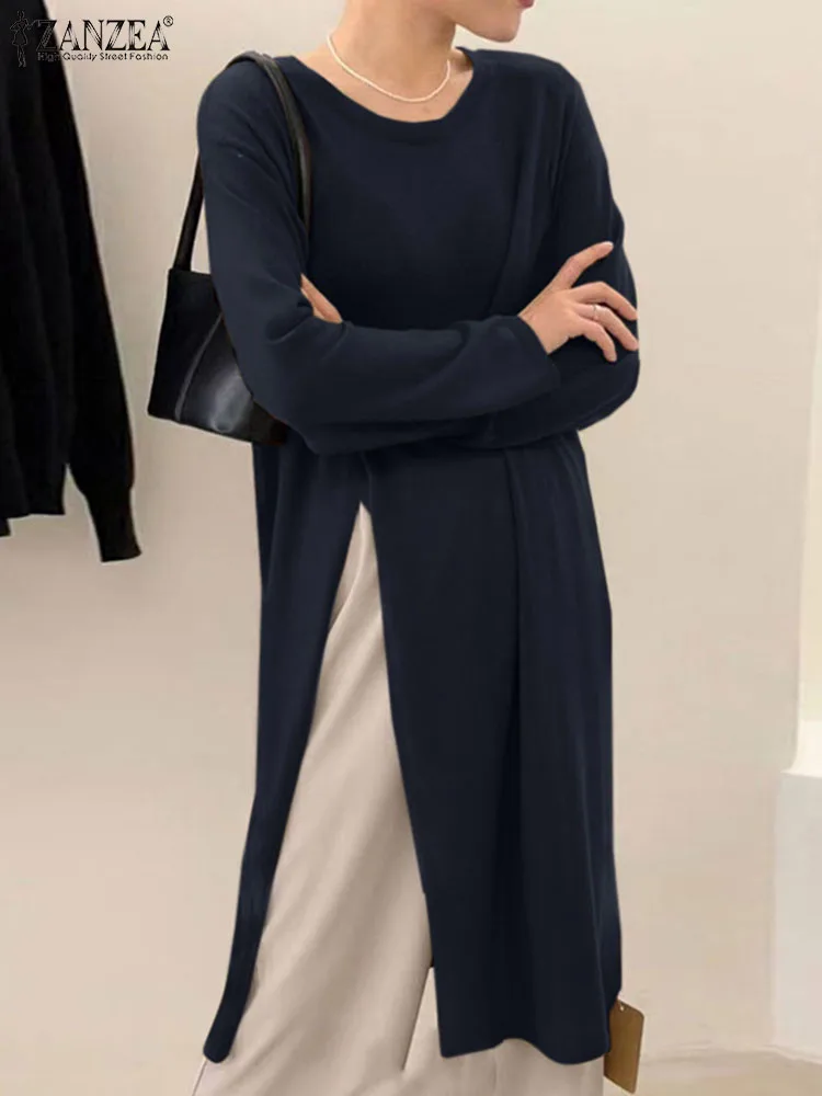 

Осенняя женская блузка, модные длинные топы с разрезом на подоле ZANZEA, Весенняя рубашка с круглым вырезом, элегантные офисные блузки, повседн...