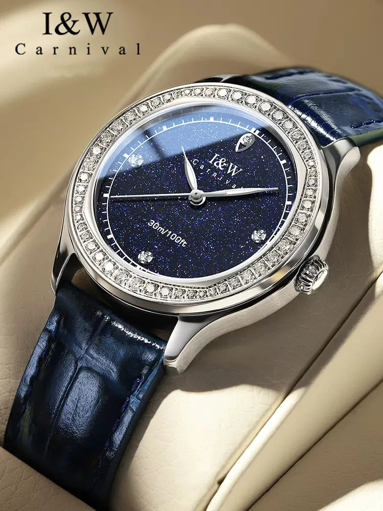 New IW Quartz Wristwatches for Wommen Luxury Rhinestones Starry Sky Dial Fashion Watches High-quality Leather Strap reloj mujer