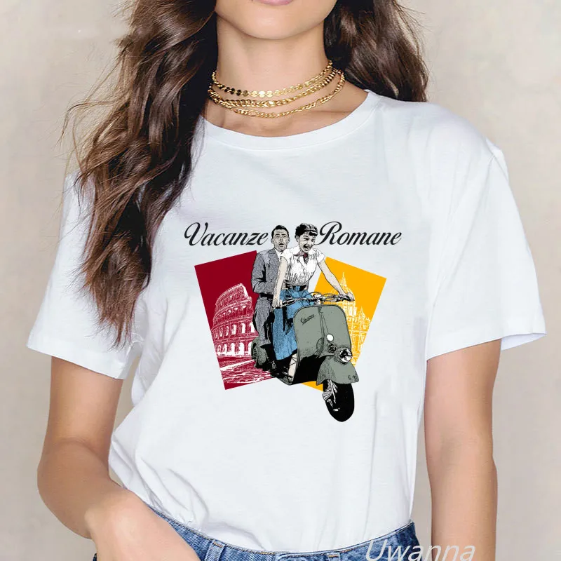 Vintage Roman Holiday Print Tee Shirt Audrey Hepburn Vespa Scooter Femme Summer Top Female Fashion T-Shirt Women Graphic Tshirt