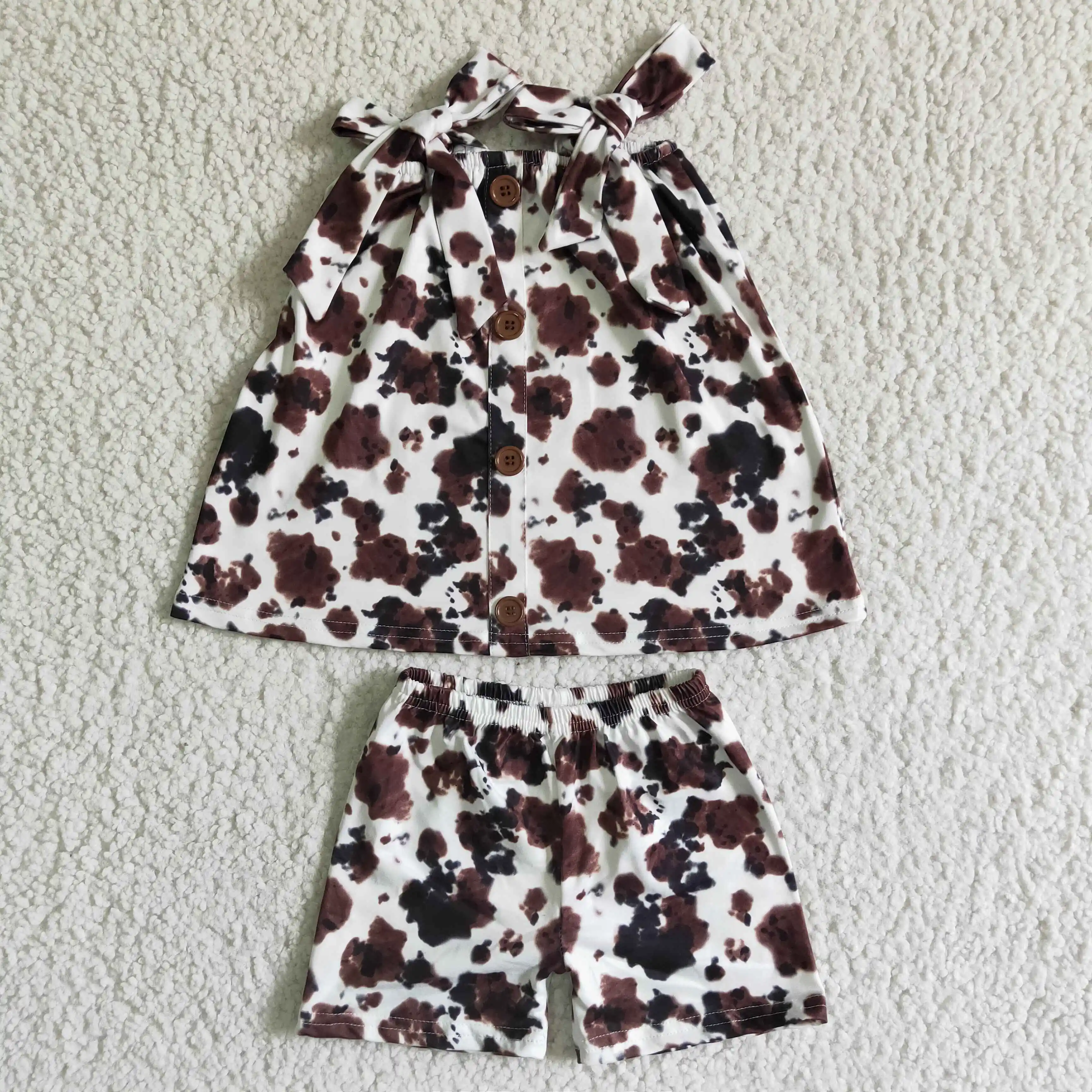 

Wholesale Western Cow Print New Clothes Children Baby Girl Summer Boutique Sets Kids Shirt Ruffle Shorts Pants Outfit Clothing