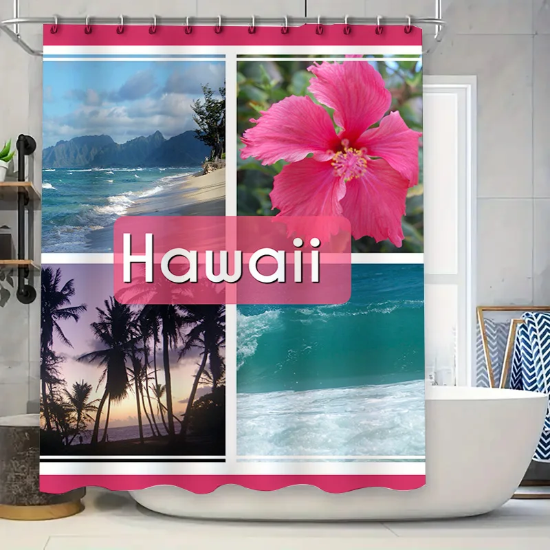 Фото Летний набор занавесок для душа Breezy Pink Hibiscus для украшения ванны, Гавайский вид на пляж с пальмами, голубое море, белый песок, 72x78 дюймов №1