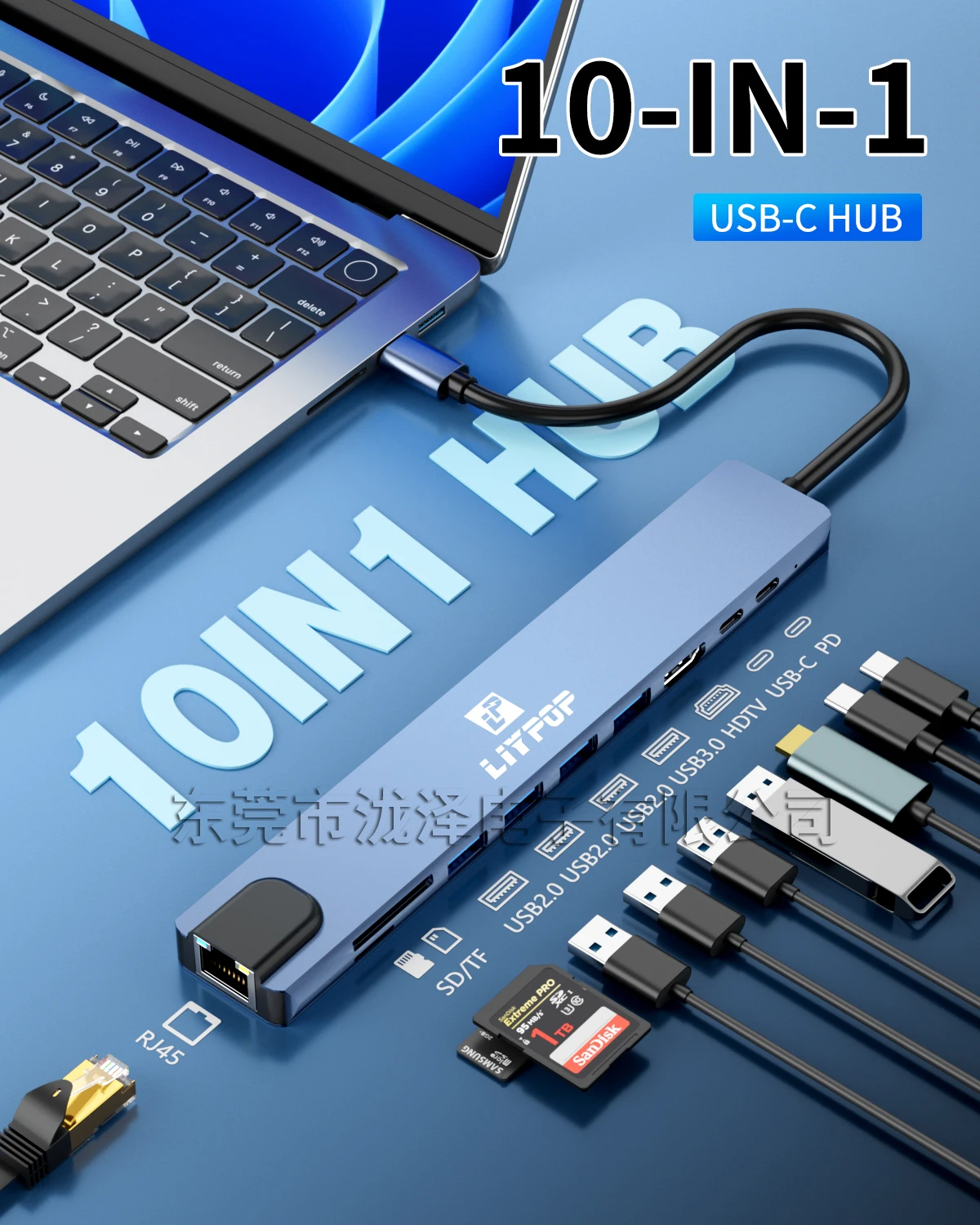 Фото Док-адаптер 10 в 1 USB C-концентратор с 4K HDMI-совместимым VGA PD 100 Вт USB 3.0 2.0 SD/TF Card Reader Разъем 3,5 мм для ноутбуков типа C №1