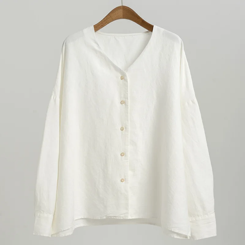 

Cotton Linen Oversize Shirt Minimalism Loose Fit V Neck Blouse Women