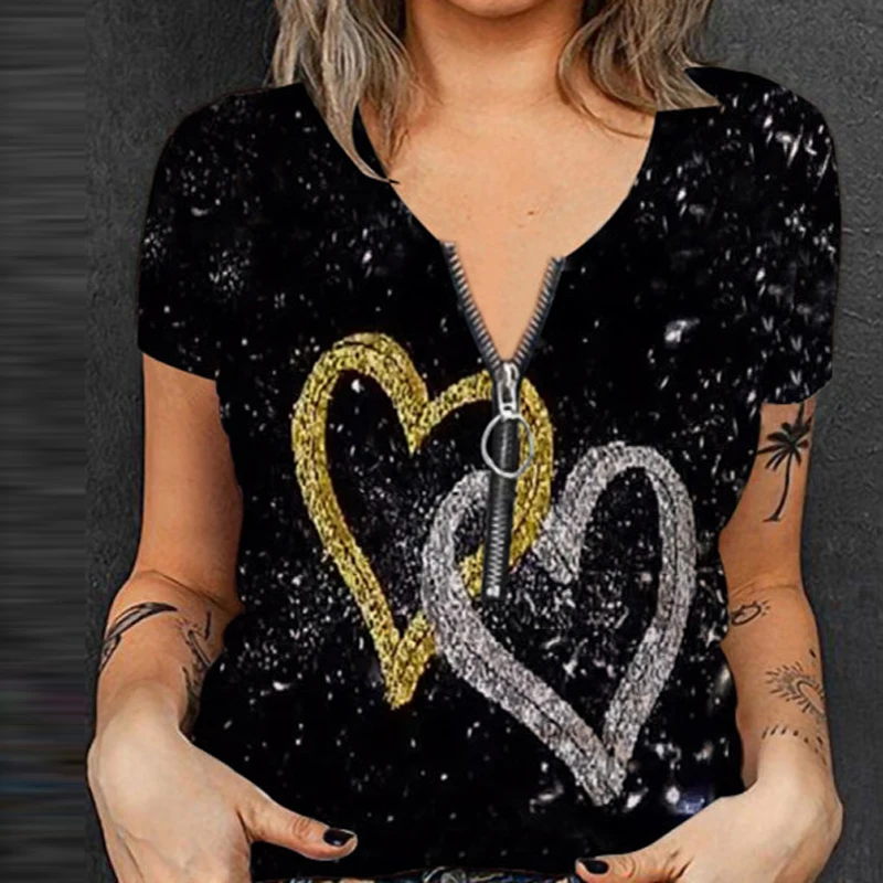 

Женские блестящие футболки с принтом сердца, привлекательные футболки на молнии с V-образным вырезом, новые летние офисные Топы с коротким рукавом, Женский пуловер, весна 2023