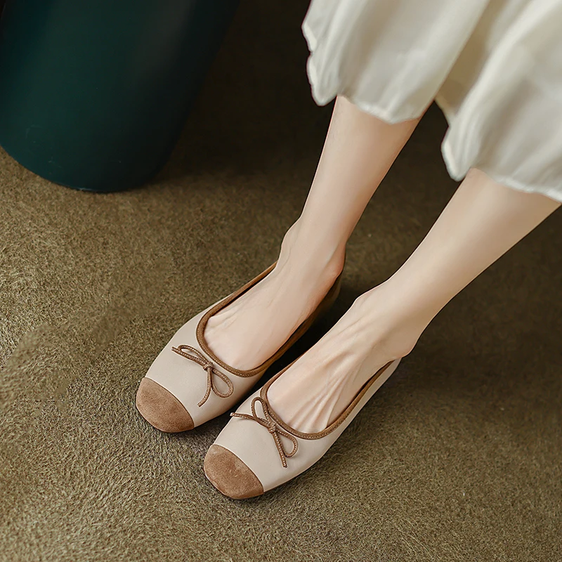 Туфли женские с круглым носком балетки бантом низкий каблук спилок повседневная