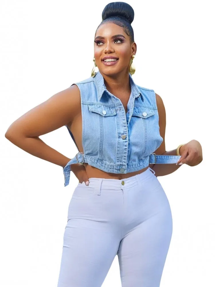 

Denim Vests Jacket Women Side Hollow Sleeveless Turn Down Collar Jackets Fashion Solid Street Style Sexy Short Denim Vest Coats