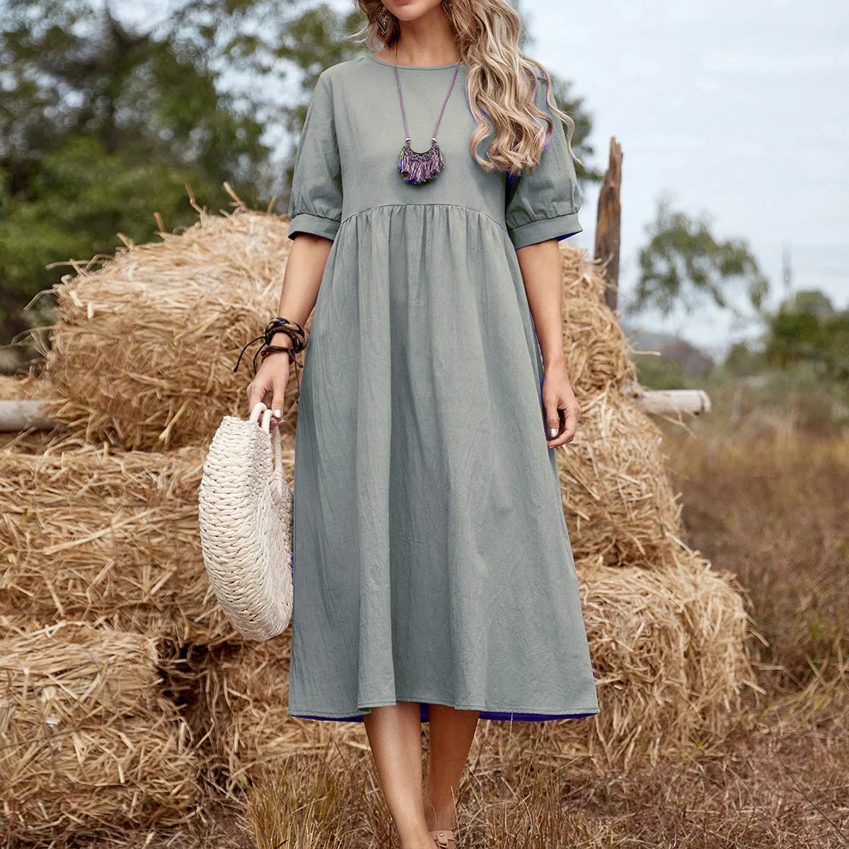 

Women's solid color loose waist midi skirt cotton linen crewneck dress