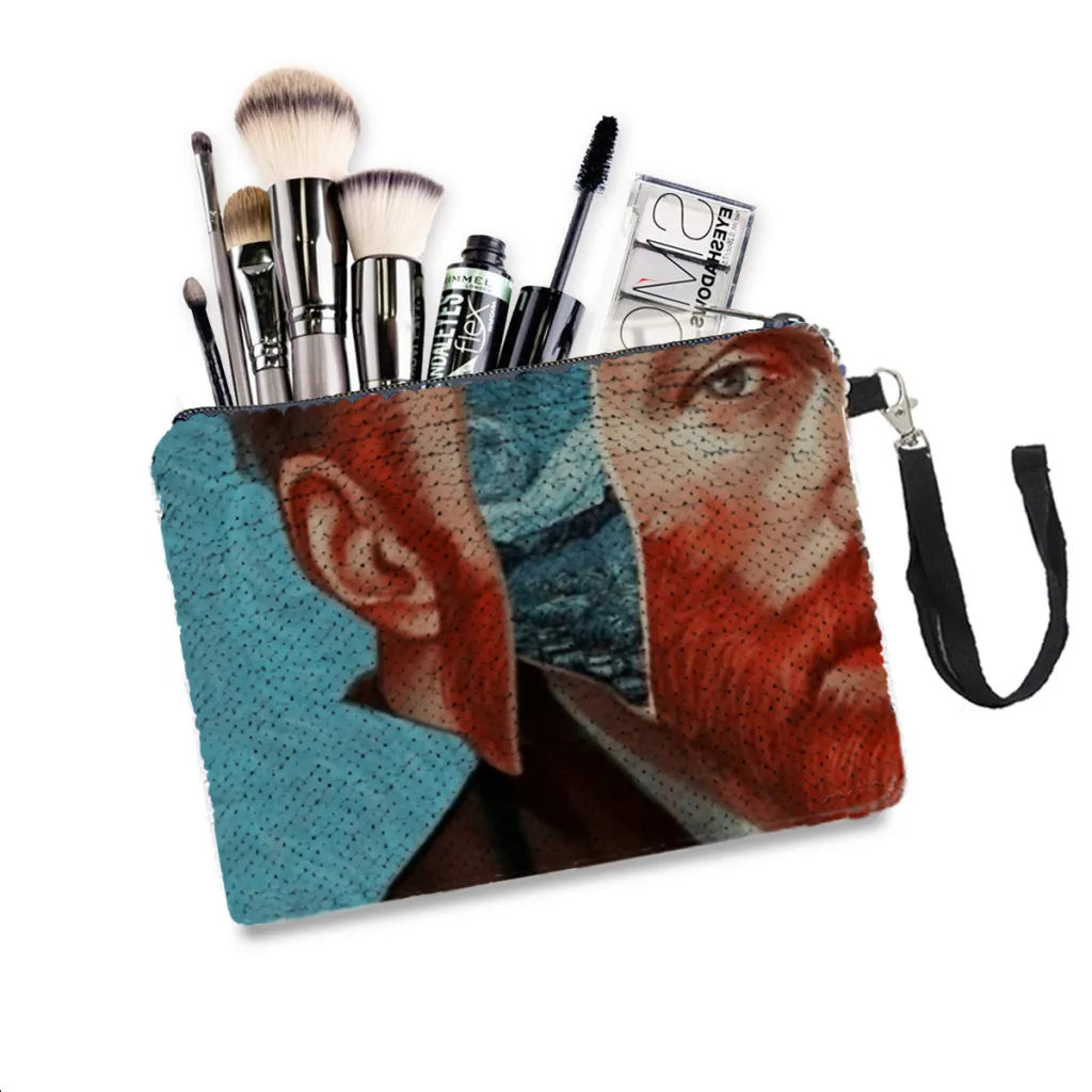 

Self Portpait Starry Sequins Makeup Bag Vincent Van Gogh Painter Women Girl Glitter Portable Cosmetic Bag Small Travel Storage