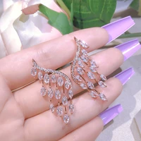 elegant 3 colors silver plated zirconia wing stud earrings for women luxury tassel bridal wedding eternity statement jewelry