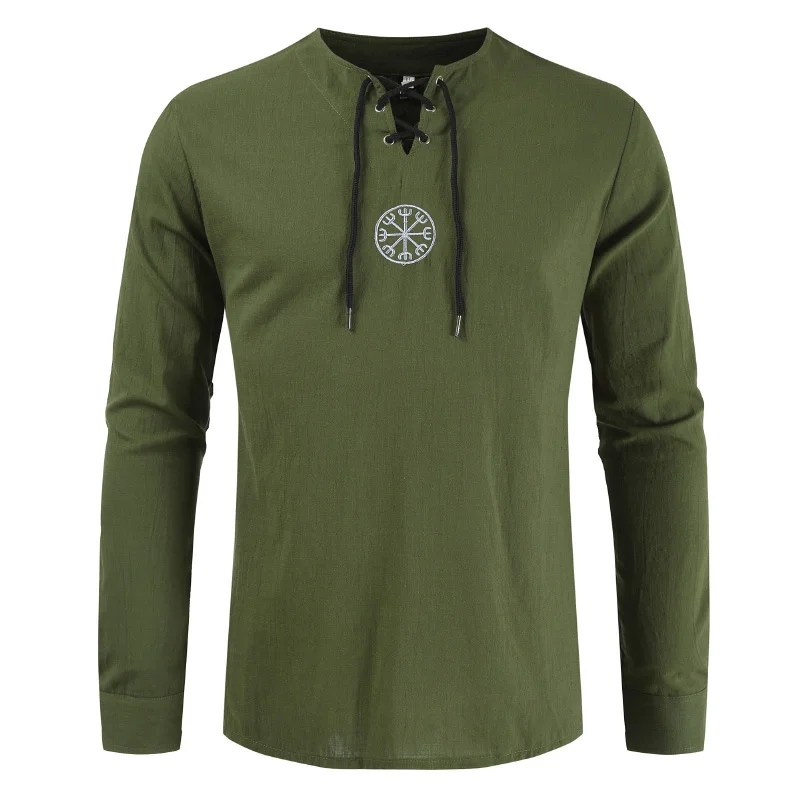 2022 New Men's Cotton and Linen Long-sleeved Shirt Round Neck Fashion Dual-use Sleeve Long-sleeved Linen Shirt Men's T-shirt
