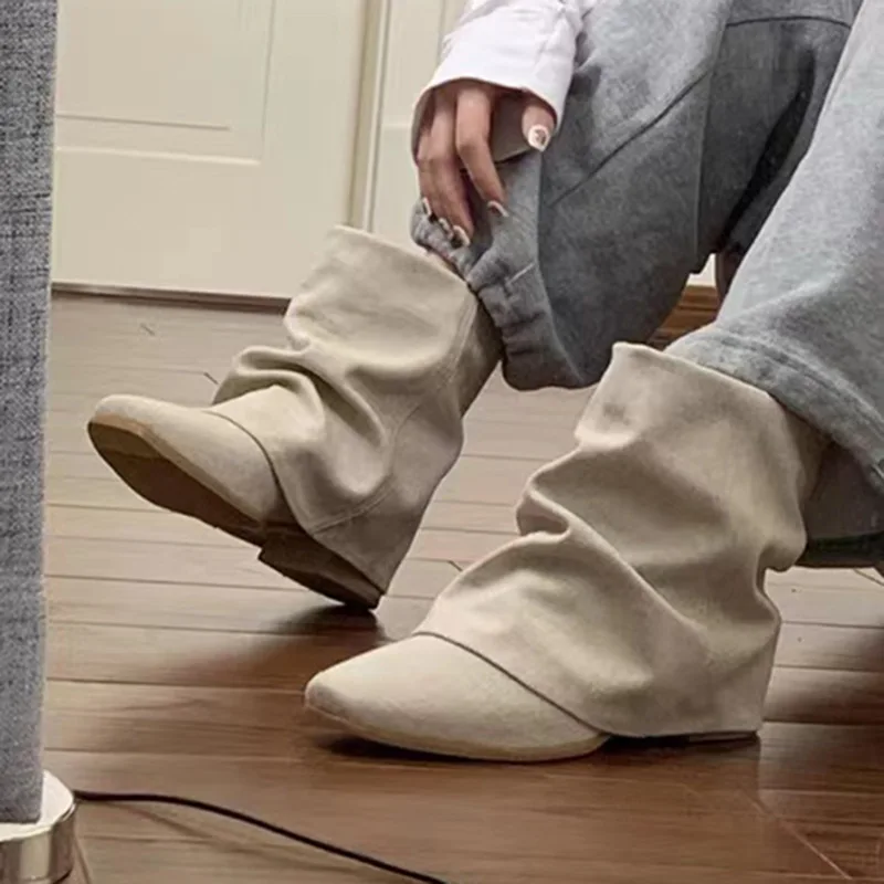 

BCEBYL New Fashion Boots Wrinkle Design Linen Ankle Boots Fall Flat Chunky Heel Square Toe Boots Knight Women's Shoes