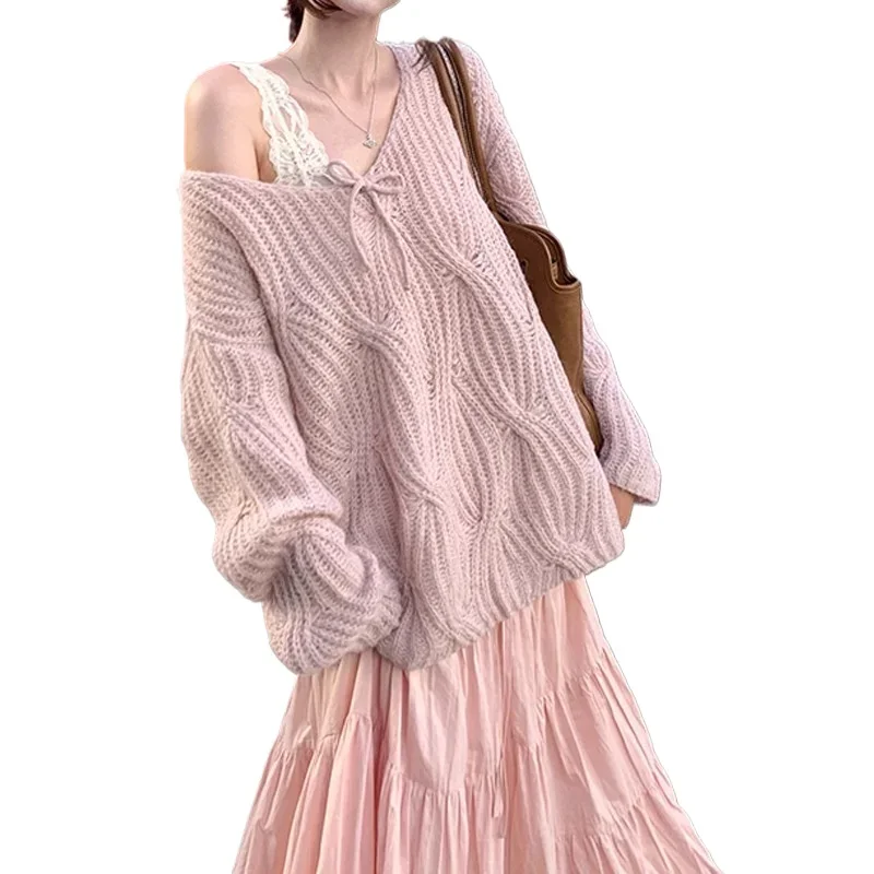 Осень/Зима 2024 элегантный повседневный однотонный костюм свитер с v-образным