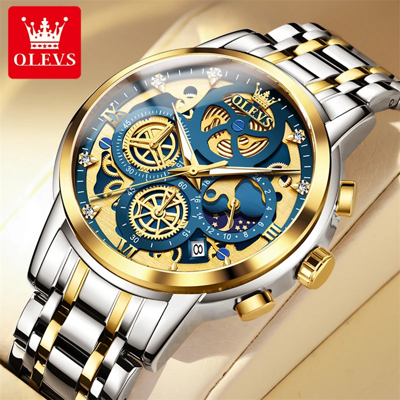 

OLEVS 9947 Men's Watches Top Brand Luxury Original Waterproof Quartz Watch for Man Gold Skeleton Style 24 Hour Day Night Clock