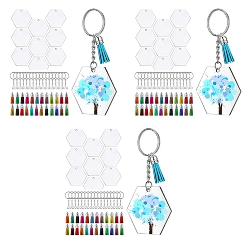 

216Pcs Acrylic Transparent Discs Hexagon Keychain Blanks Charms And Tassel Pendants Keyring With Chain For DIY Crafts