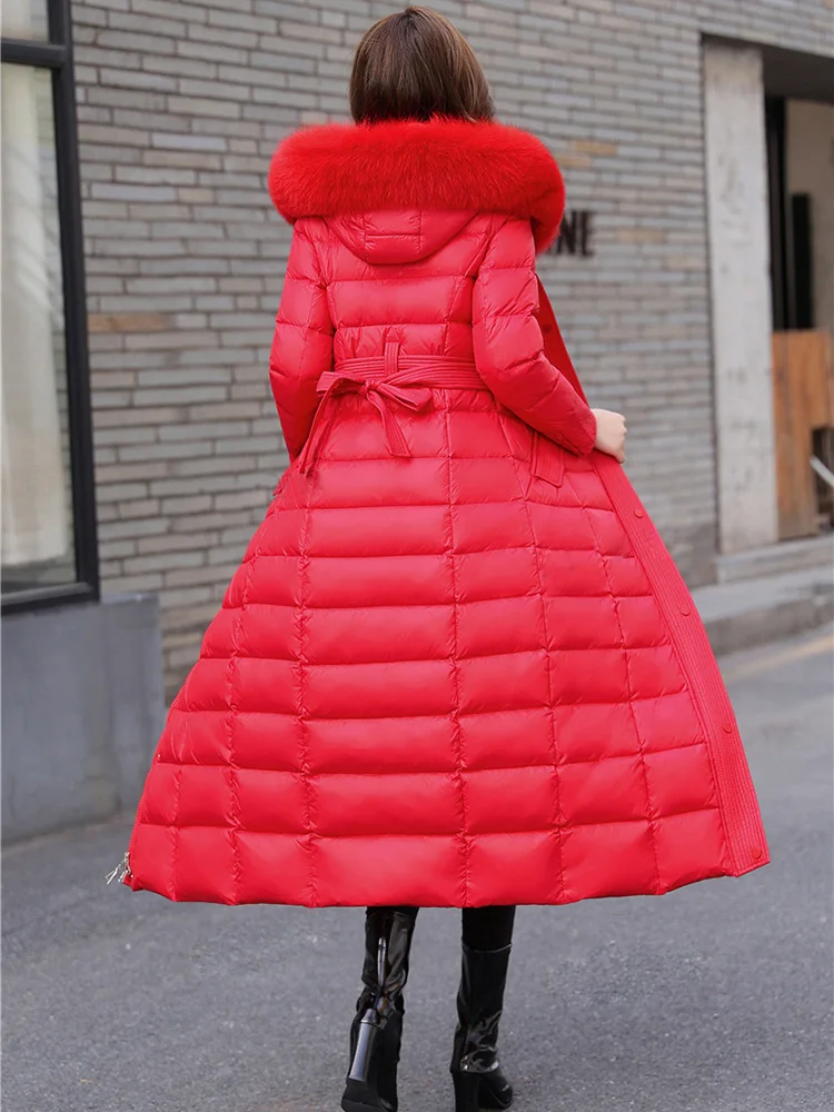 New Women Thicken Down Coat Winter Fashion Real Fox Fur Collar Hooded Lengthened Belt Down Jacket Keep Warm Slim Overcoat Female