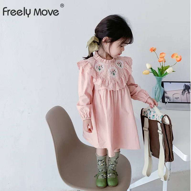 

Freely Move Girls Dresses Autumn New Flower Long Sleeve Princess Dress Ruffle Lace Stitching Korean Style Children'S Clothing