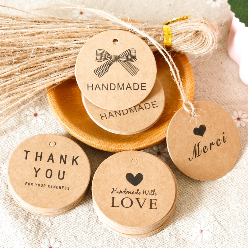 

100pcs Round Kraft Paper Tags Thank You Handmade Gift Label Wedding Party Packaging Hang Price tag DIY Sewing Garment Deco