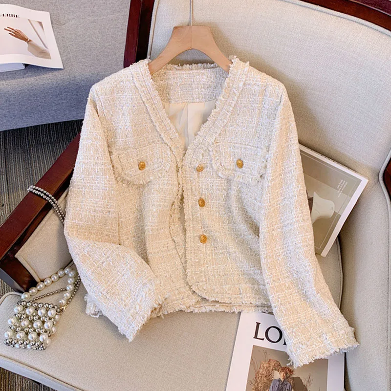 

Autumn Winter Tweed Short Jacket Coat For Women French Elegant V-Neck Long Sleeve Female Tassels Golden Buttons Casual Outwear