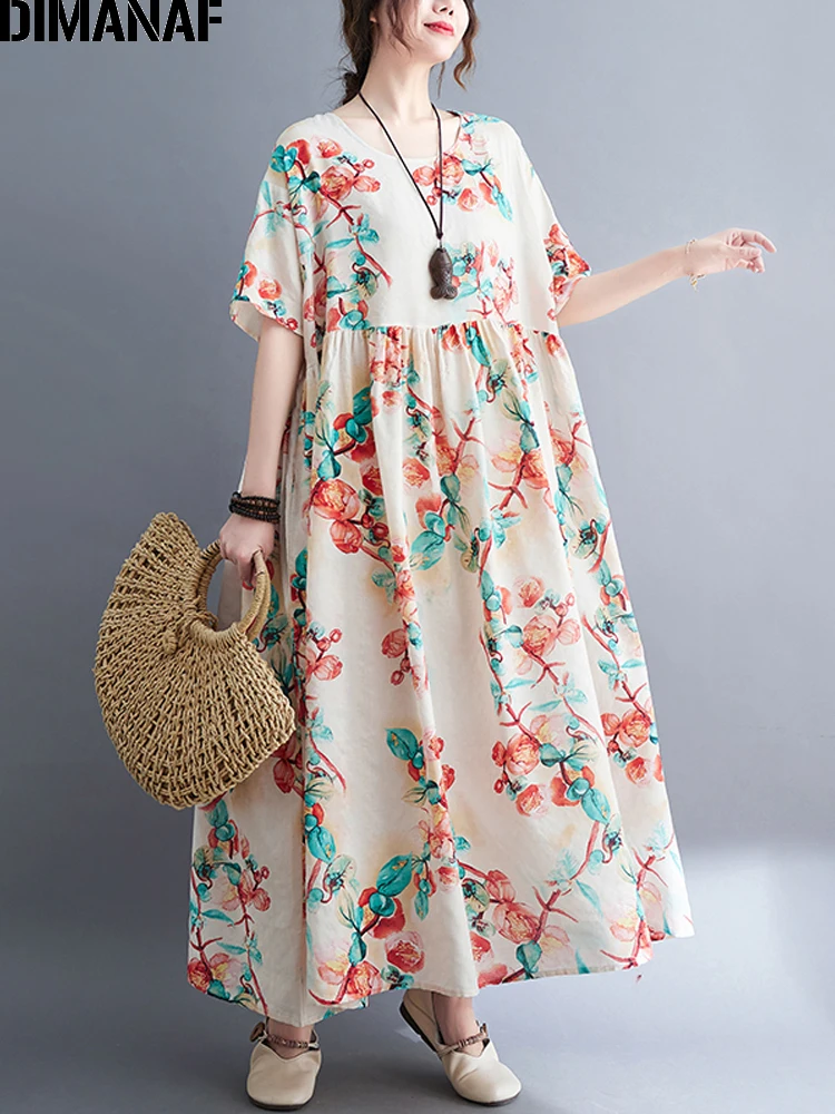 

DIMANAF 2022 Women Summer Dress Casual Floral Printing Beach Sundress Bohemian Cotton Lady Long Dress Oversize Loose Clothing