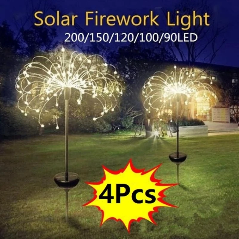 

4pcs Solar Powered Outdoor Grass Globe Dandelion Fireworks Lamp 90/120/150 LED for Garden Lawn Landscape Lamp Holiday Light