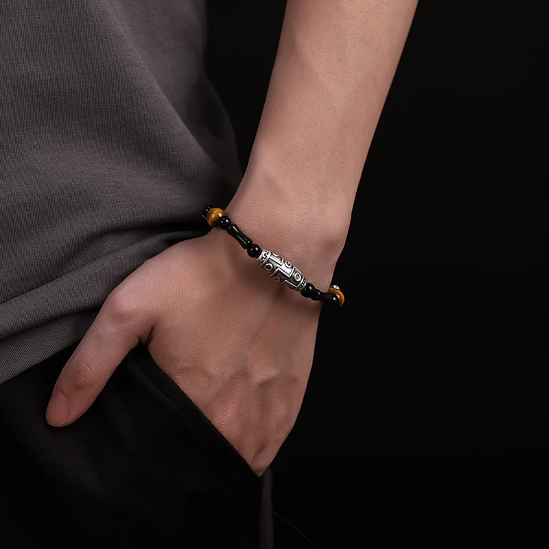 Браслет из чистого серебра ZABRA 999 пробы с обсидиановыми бусинами для мужчин и