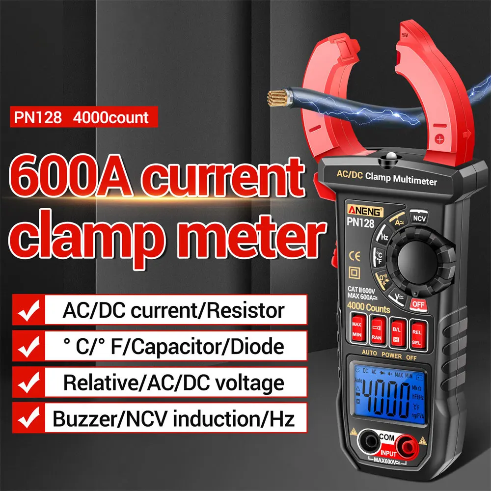 

PN128 4000 Counts Digital Clamp Meter Auto-ranging Measures Multimeter Ammeter Voltage Tester Car Amp Hz Capacitance Ohm Tool